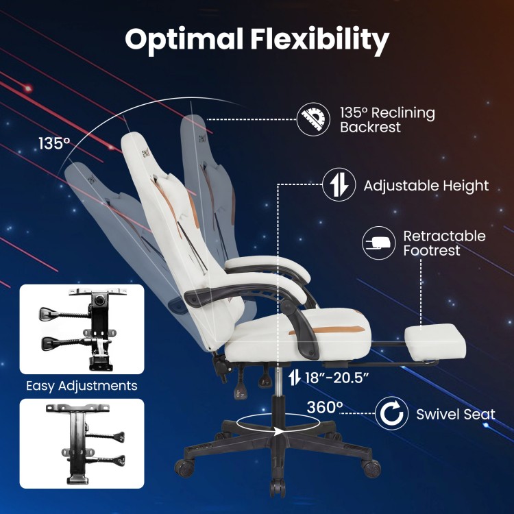 Ergonomic beige video game chair featuring a 135° reclining backrest and adjustable height for optimal comfort.