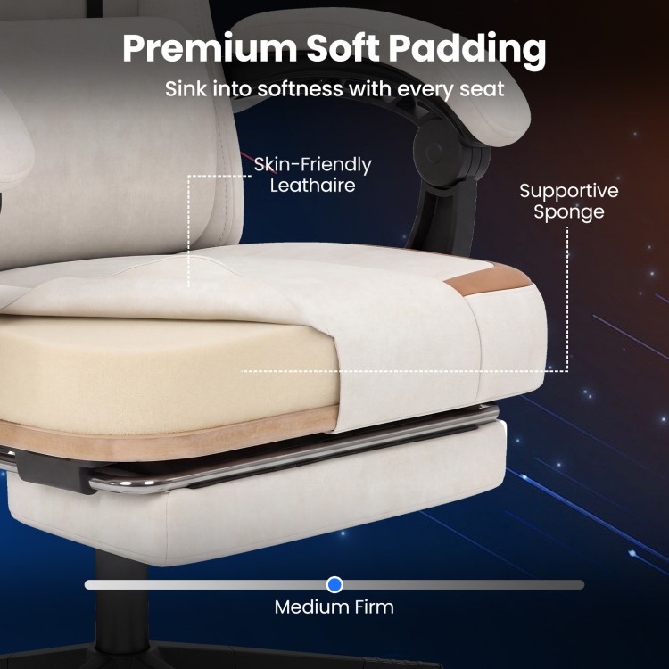Close-up of the ergonomic video game chair's premium soft padding made of skin-friendly leathaire for comfort and.