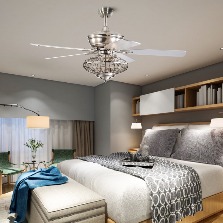 52-inch silver ceiling fan with wooden blades and remote control, ideal for bedrooms and living rooms, featuring.