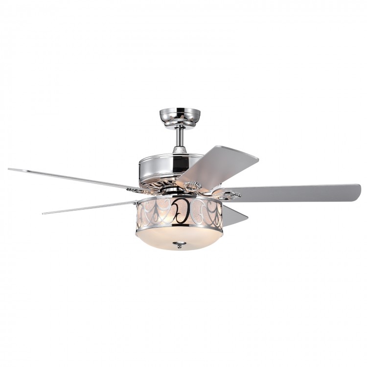 52-inch silver ceiling fan with light, featuring 5 reversible blades and remote control for adjustable speed and.
