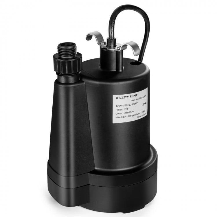 Submersible utility pump with 1/3 HP motor, 2400 GPH capacity, and 10 FT cord for efficient water removal.