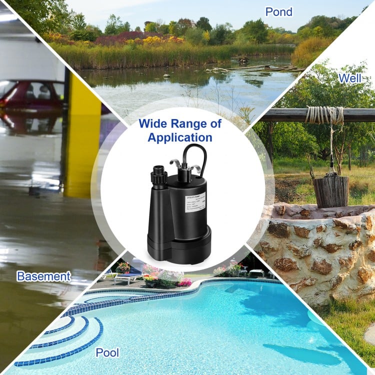 Submersible utility pump with 1/3 HP motor, 2400 GPH capacity, ideal for draining pools, basements, and ponds.