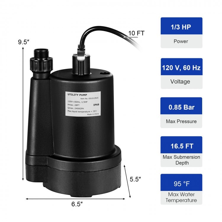 Portable 1/3HP submersible utility pump with 10 FT cord, 2400 GPH flow rate, ideal for drainage in flooded areas.