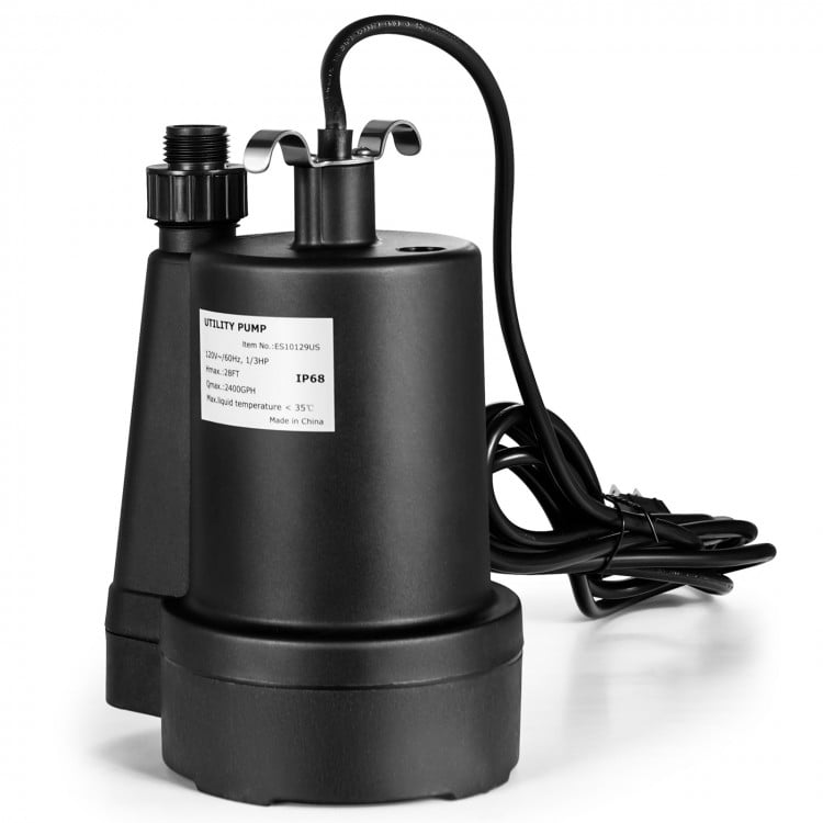 Submersible utility pump with 1/3 HP motor, 2400 GPH capacity, and 10 ft cord for effective water drainage.
