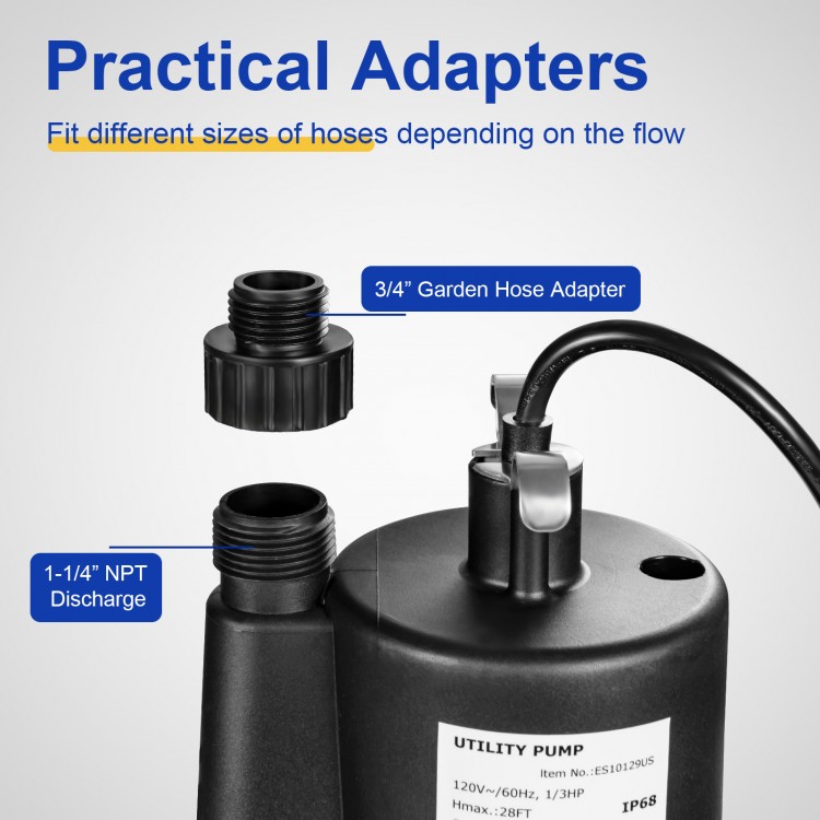 Submersible utility pump with 1/3 HP motor, featuring 3/4" garden hose and 1" NPT discharge adapters for versatile use.