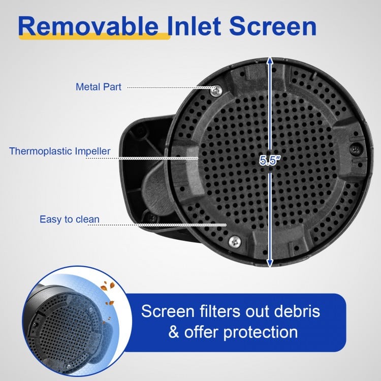 Removable inlet screen of a 1/3HP submersible utility pump, featuring a thermoplastic impeller for easy cleaning.