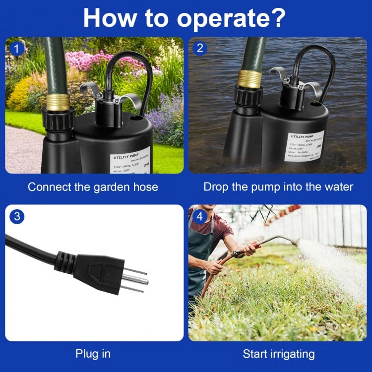 Submersible utility pump with 10 ft cord, 1/3 HP motor, and hose connectors for efficient water drainage.