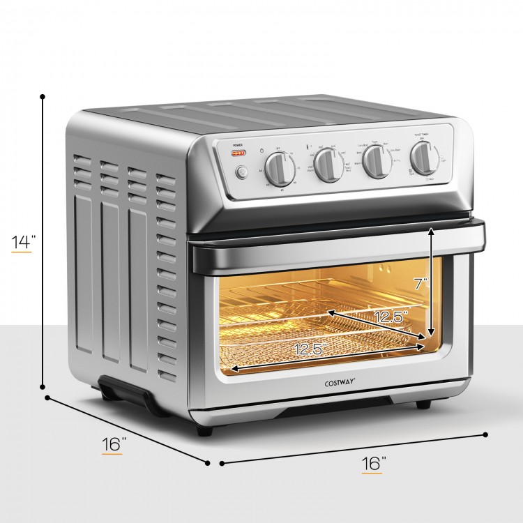 Stainless steel 21.5 QT air fryer toaster oven with control knobs, convection cooking, and see-through door for.