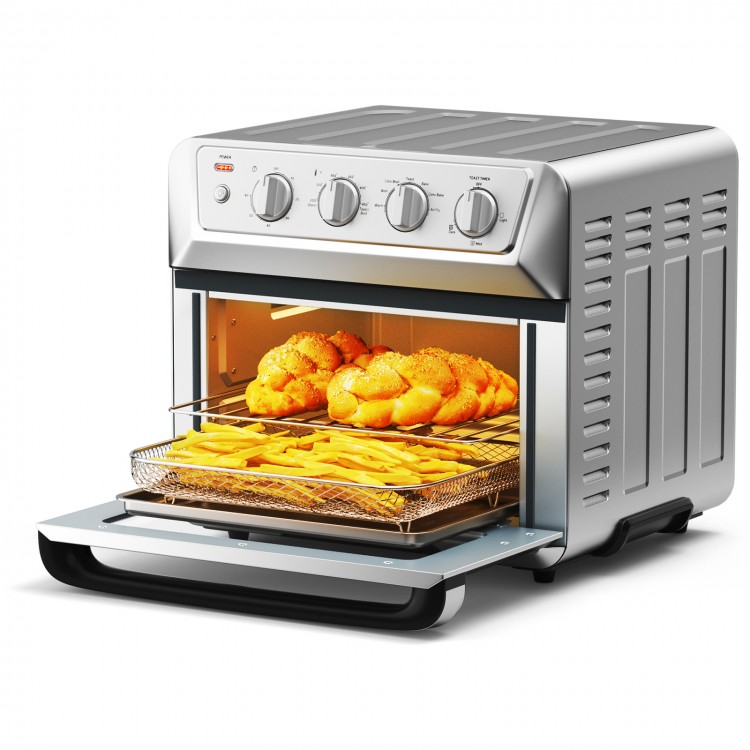 Air fryer toaster oven with 21.5 QT capacity, 1800W power, and multiple cooking modes, ideal for family meals.