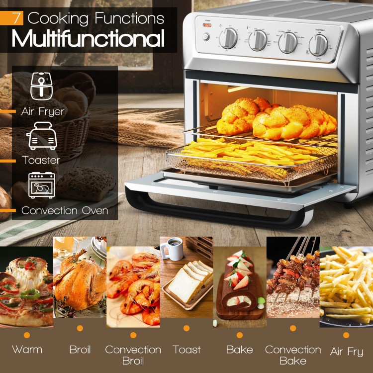 21.5 QT air fryer toaster oven with stainless steel finish, showcasing 7 cooking functions for versatile family meals.