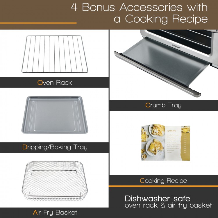 Air fryer toaster oven accessories including oven rack, air fry basket, and crumb tray for versatile cooking options.