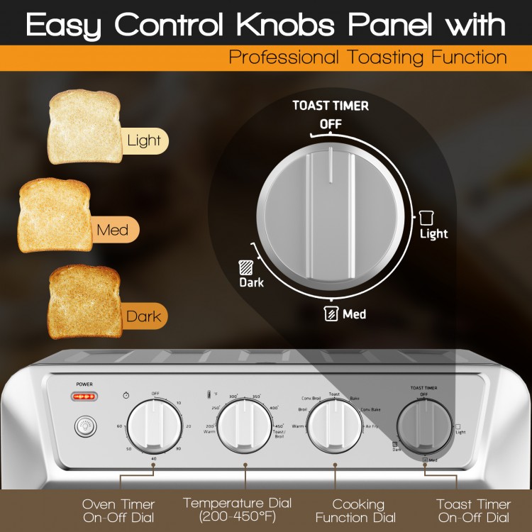 Control knobs panel of the 21.5 QT air fryer toaster oven, featuring toast timer and temperature settings for precise.