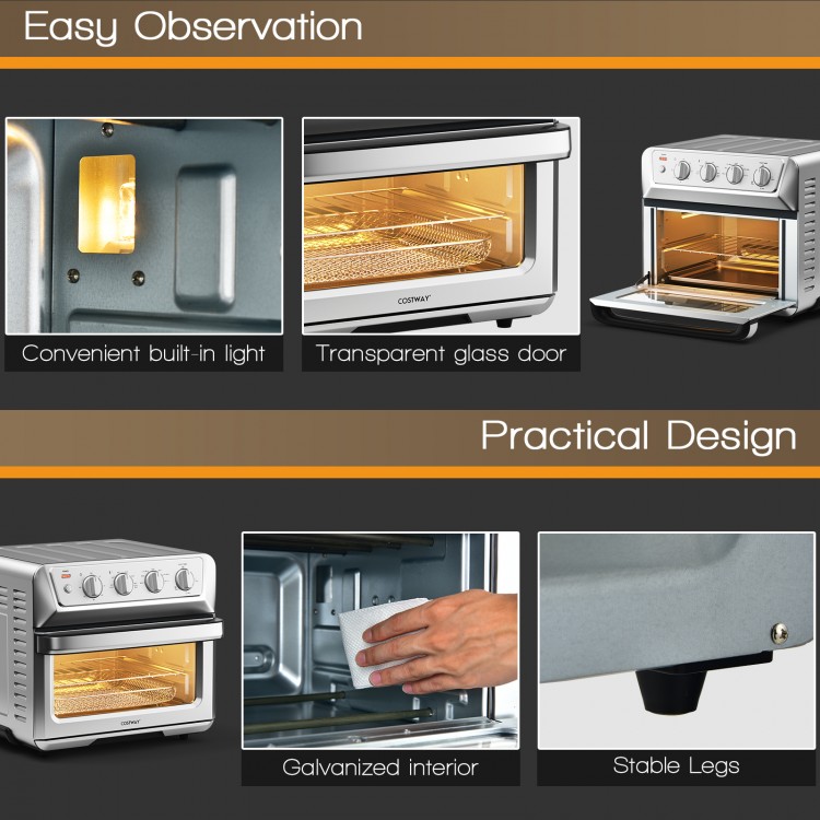 Air fryer toaster oven with transparent glass door, built-in light, and 21.5 QT capacity for family cooking.
