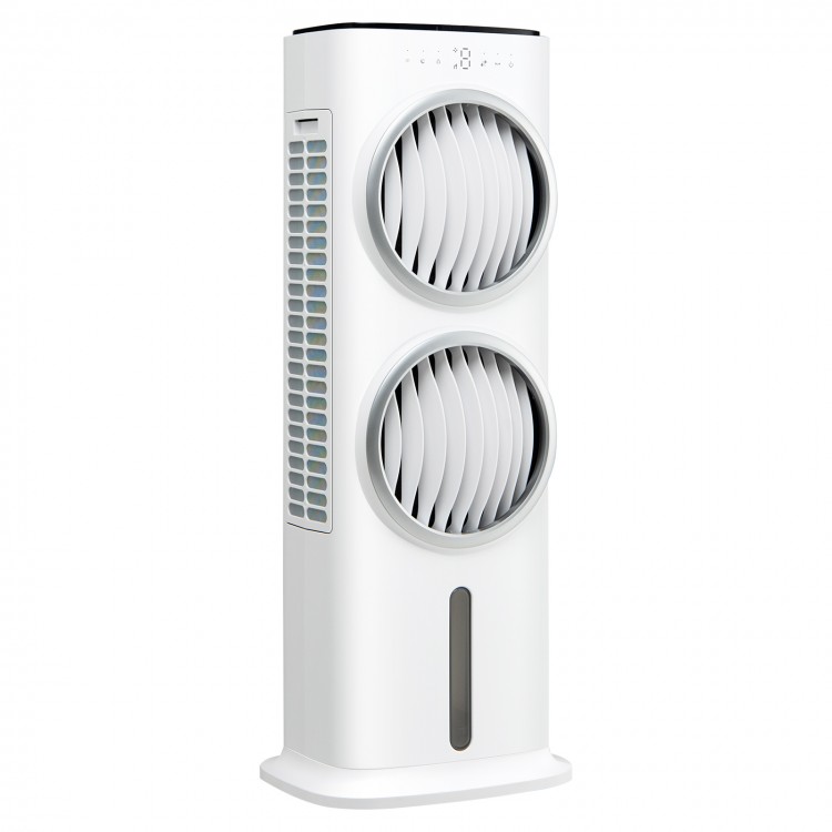 3-in-1 evaporative air cooler in white with dual fans, 9H timer, and remote control for customized cooling and.