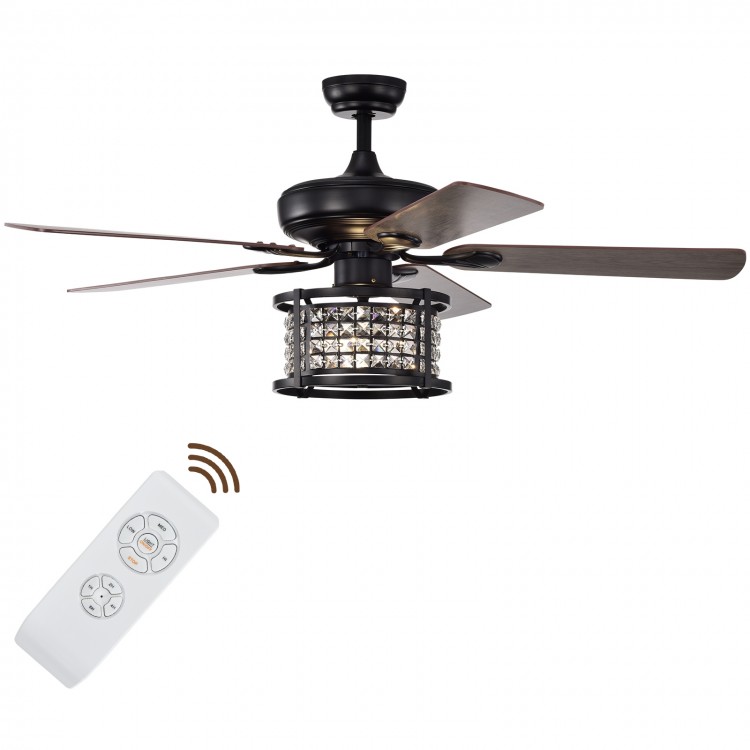 52-inch black crystal ceiling fan with remote control, featuring 3 speeds and reversible blades for year-round comfort.