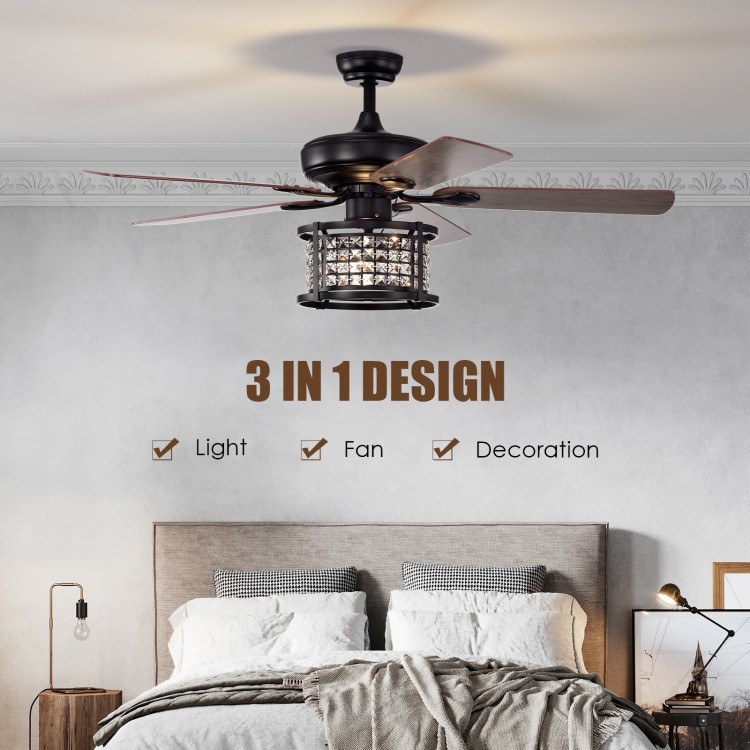 52-inch black crystal ceiling fan light with remote, featuring 3 speeds and reversible blades for year-round comfort.