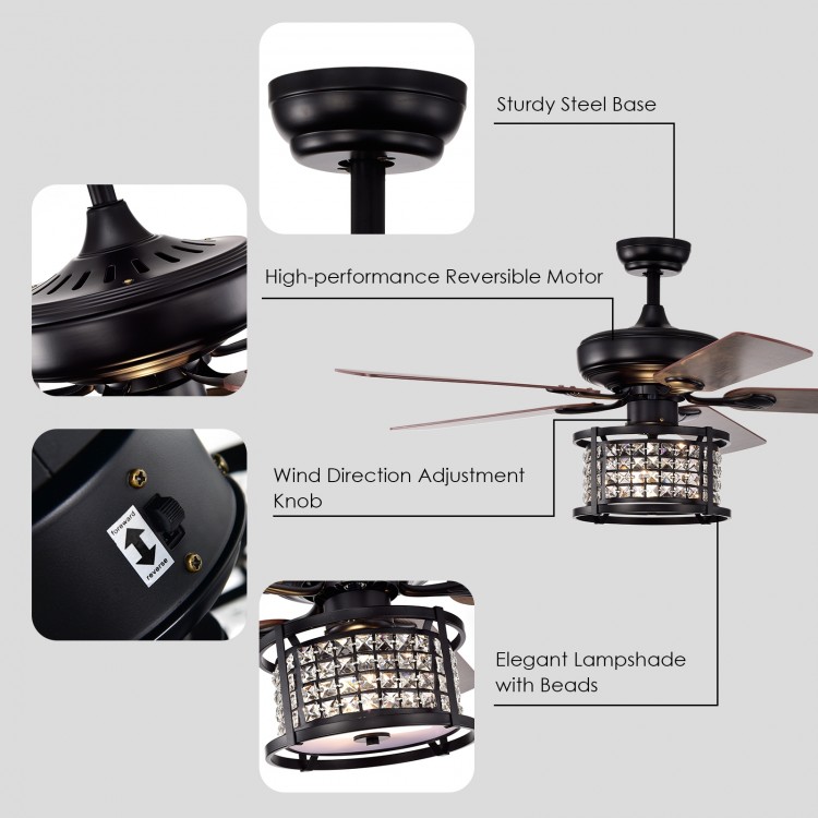 Crystal ceiling fan with 5 reversible blades, elegant lampshade, and remote control for versatile lighting and cooling.
