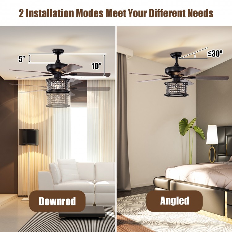52-inch black ceiling fan with crystal light, featuring 5 reversible blades and adjustable down-rods for versatile.
