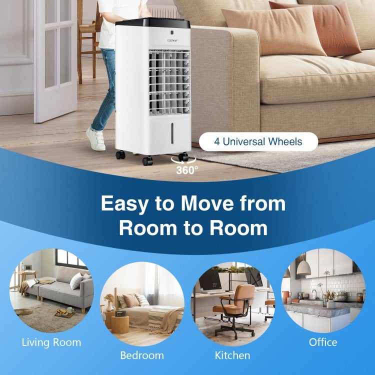3-in-1 evaporative air cooler in white with 4 universal wheels, ideal for easy movement between rooms.