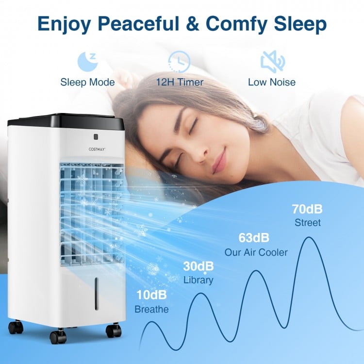 3-in-1 evaporative air cooler in white with touch control, remote, and 4 modes for comfortable cooling at home.
