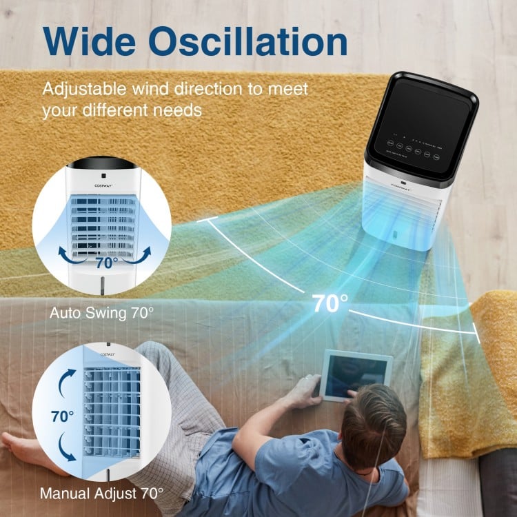 3-in-1 evaporative air cooler with wide oscillation, touch control panel, and remote, ideal for eco-friendly cooling.