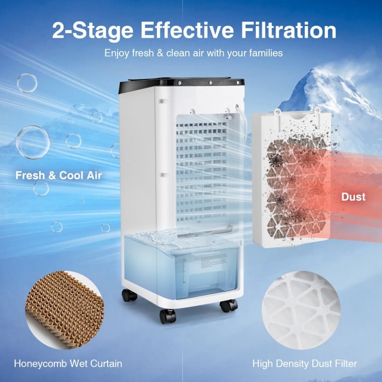 3-in-1 evaporative air cooler with honeycomb wet curtain and high-density dust filter for fresh, cool air.