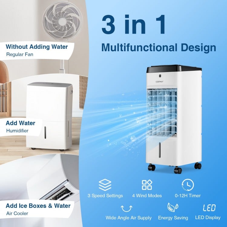 3-in-1 evaporative air cooler in white with 4 modes, 3 speeds, and removable 3.5L water tank for versatile cooling.