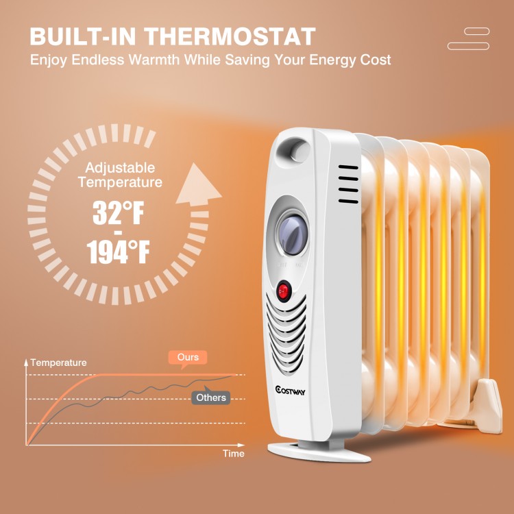 Portable mini electric oil-filled radiator heater with adjustable temperature and built-in handle for easy mobility.