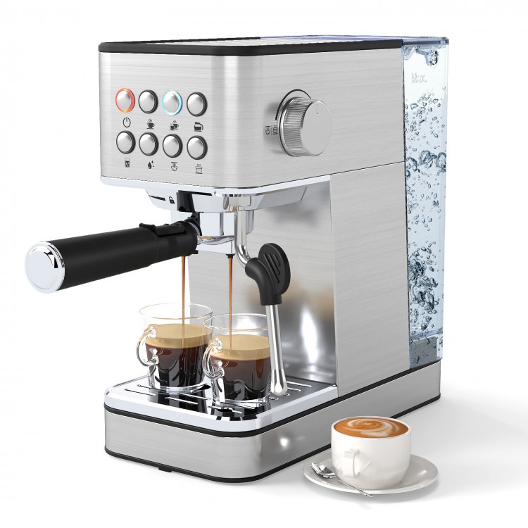 Compact stainless steel espresso machine with 20-bar pump and milk frother, ideal for making rich coffee and lattes.