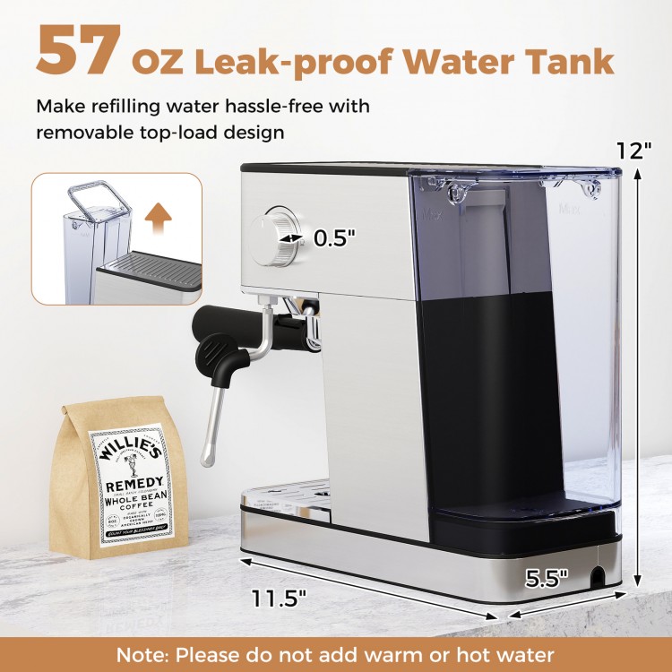 Espresso machine with 57 oz removable water tank, stainless steel design, and milk frother for versatile coffee brewing.