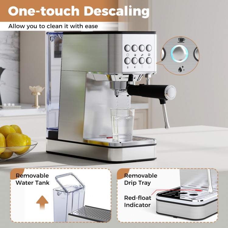 Espresso machine with stainless steel finish, featuring a removable water tank and one-touch descaling for easy.