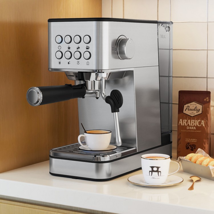 Compact stainless steel espresso machine with milk frother, featuring a 20-bar pump and 57oz removable water tank.