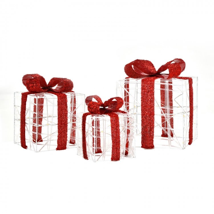 Close-up of a lighted gift box decoration with red ribbon, featuring 60 LED lights for festive indoor and outdoor use.