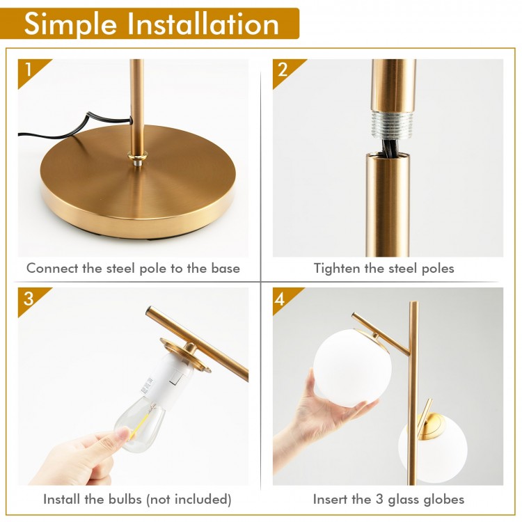 3-globe floor lamp with golden finish and foot switch, featuring a sturdy base and three glass shades for stylish.