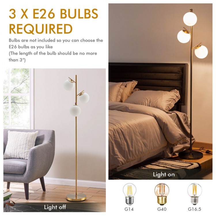 Three-globe floor lamp with a golden finish, featuring a foot switch and sturdy base for stylish corner lighting.