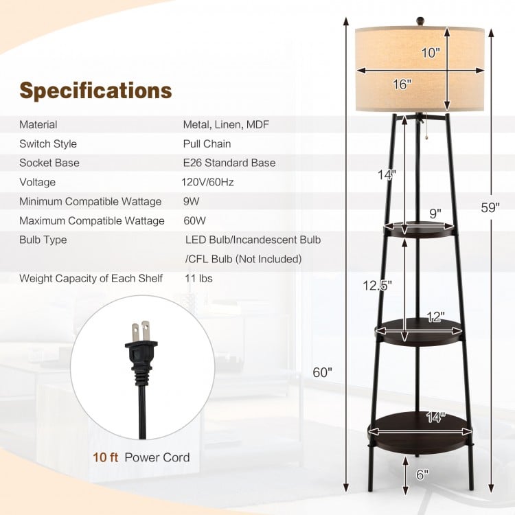 Standing shelf floor lamp with linen lampshade and three open storage shelves, ideal for living room or office use.