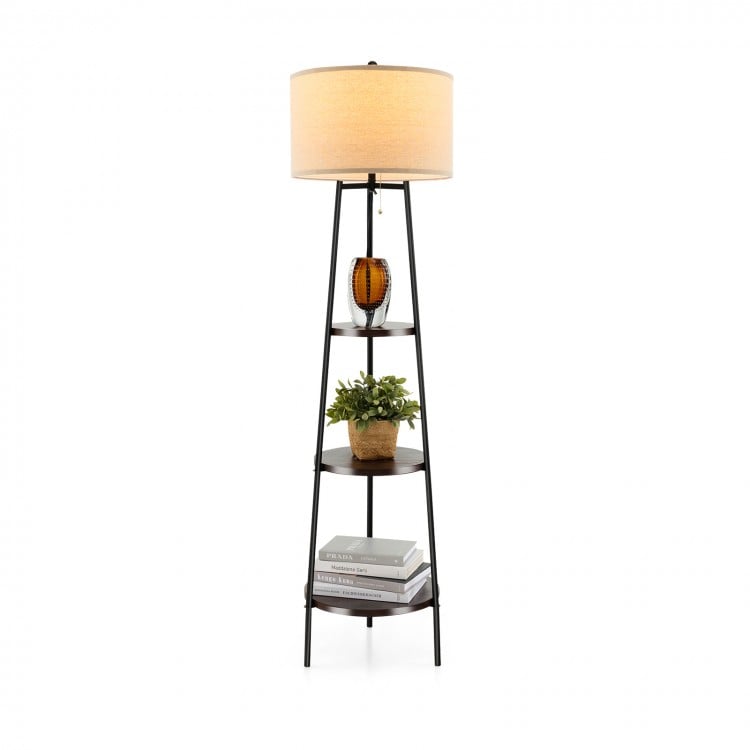 Standing shelf floor lamp with linen lampshade and three open storage shelves, ideal for modern living spaces.