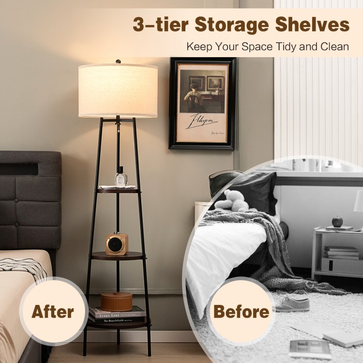 Standing shelf floor lamp with linen lampshade and 3-tier storage shelves, perfect for modern living room or bedroom.