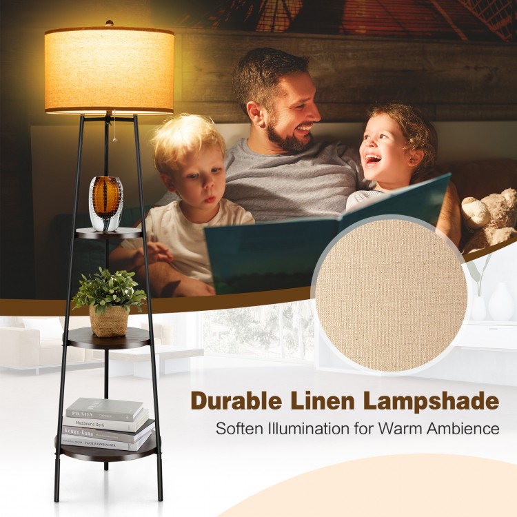 Standing shelf floor lamp with durable linen lampshade and three open storage shelves for modern home decor.