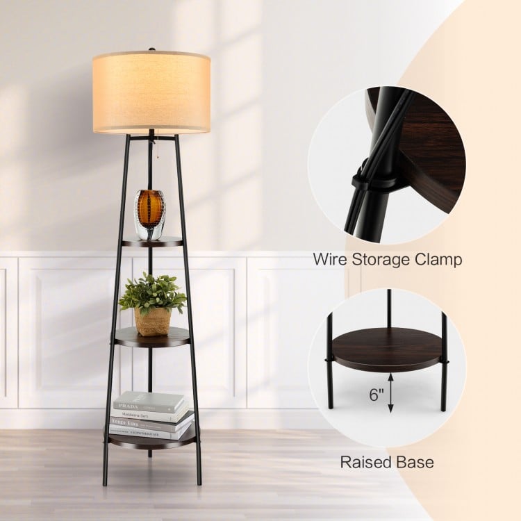 Standing shelf floor lamp with linen lampshade and three open storage shelves for modern home decor and organization.