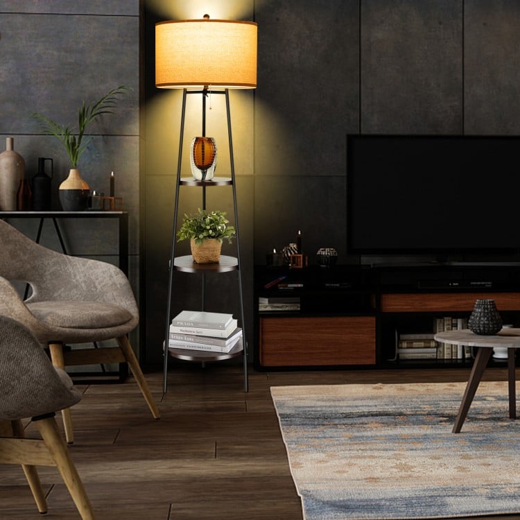Standing shelf floor lamp with linen lampshade and three open storage shelves, ideal for modern living room or office.
