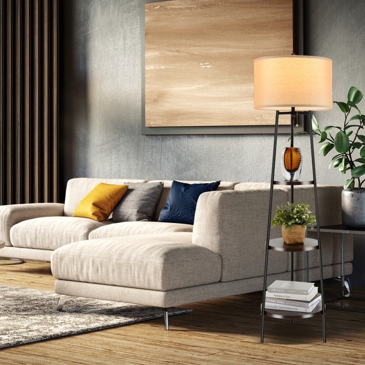 Standing shelf floor lamp with linen lampshade and three open storage shelves, perfect for modern living rooms or.