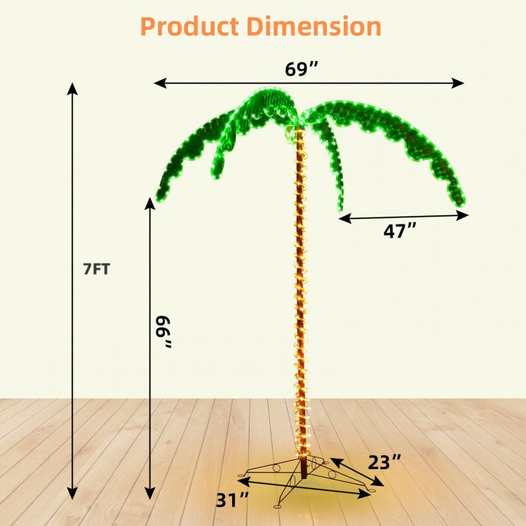7ft LED pre-lit palm tree decor with warm lights, perfect for indoor and outdoor festive decorations.