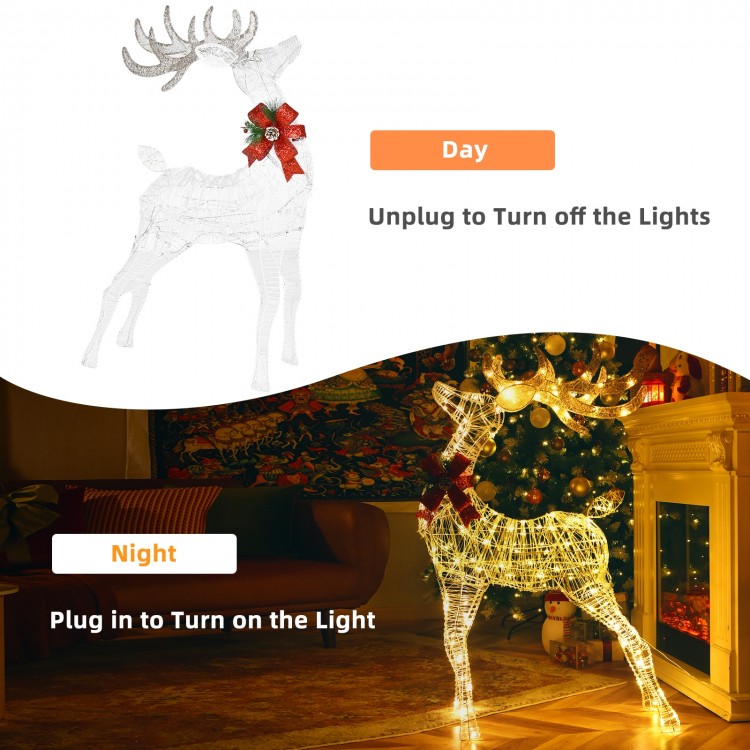 Lighted standing reindeer with 120 LED bulbs, perfect for Christmas decoration, shown in day and night settings.