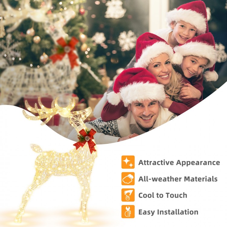 Lighted standing reindeer decoration with 120 LED bulbs, waterproof tinsel, and anti-rust frame for festive outdoor use.