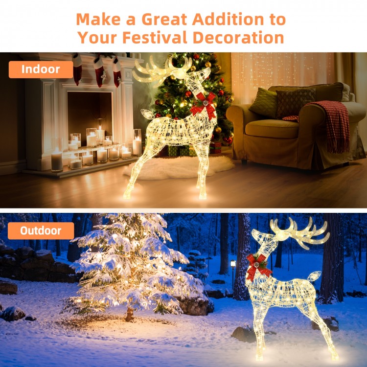 Lighted standing reindeer with 120 LED bulbs, perfect for indoor and outdoor Christmas decoration.