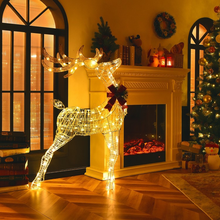 Lighted standing reindeer with 120 LED bulbs, perfect for festive indoor or outdoor Christmas decoration.