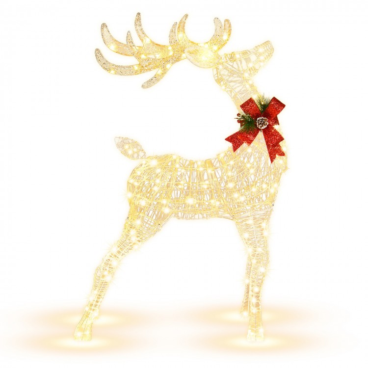Lighted standing reindeer with 120 LED bulbs, festive bow, and waterproof tinsel for Christmas decoration outdoors.