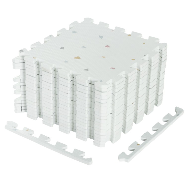 Light gray EVA interlocking foam floor tiles stacked, offering joint protection and a non-slip surface for versatile.