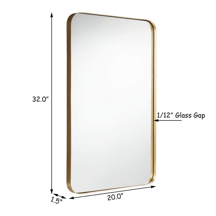 Rectangular 32"x20" golden metal frame wall-mounted mirror with rounded corners, suitable for bathroom or living room.